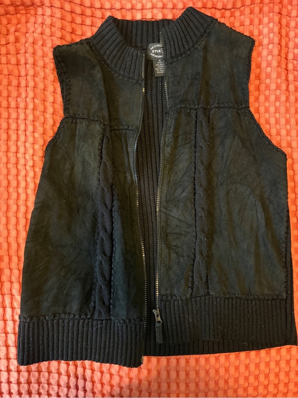 Women's Black Zip-Front Knit and Leather Trim Vest